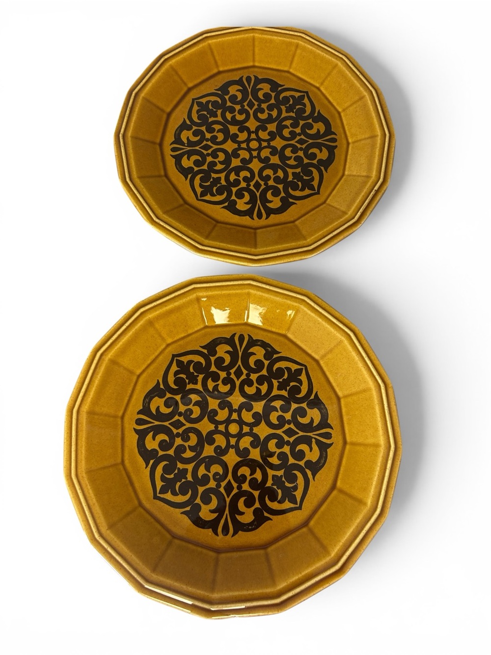 VTG MCM Homer Laughlin Milano Gold 12” Chop Plate Serving Platters - Pair of 2